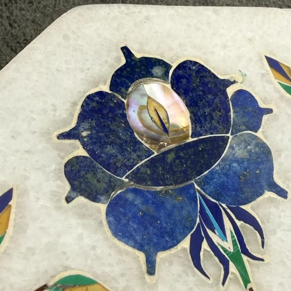 TWO (2) Handmade White Stone Tiles Coasters Inlaid Lapis Pietradura Floral 4